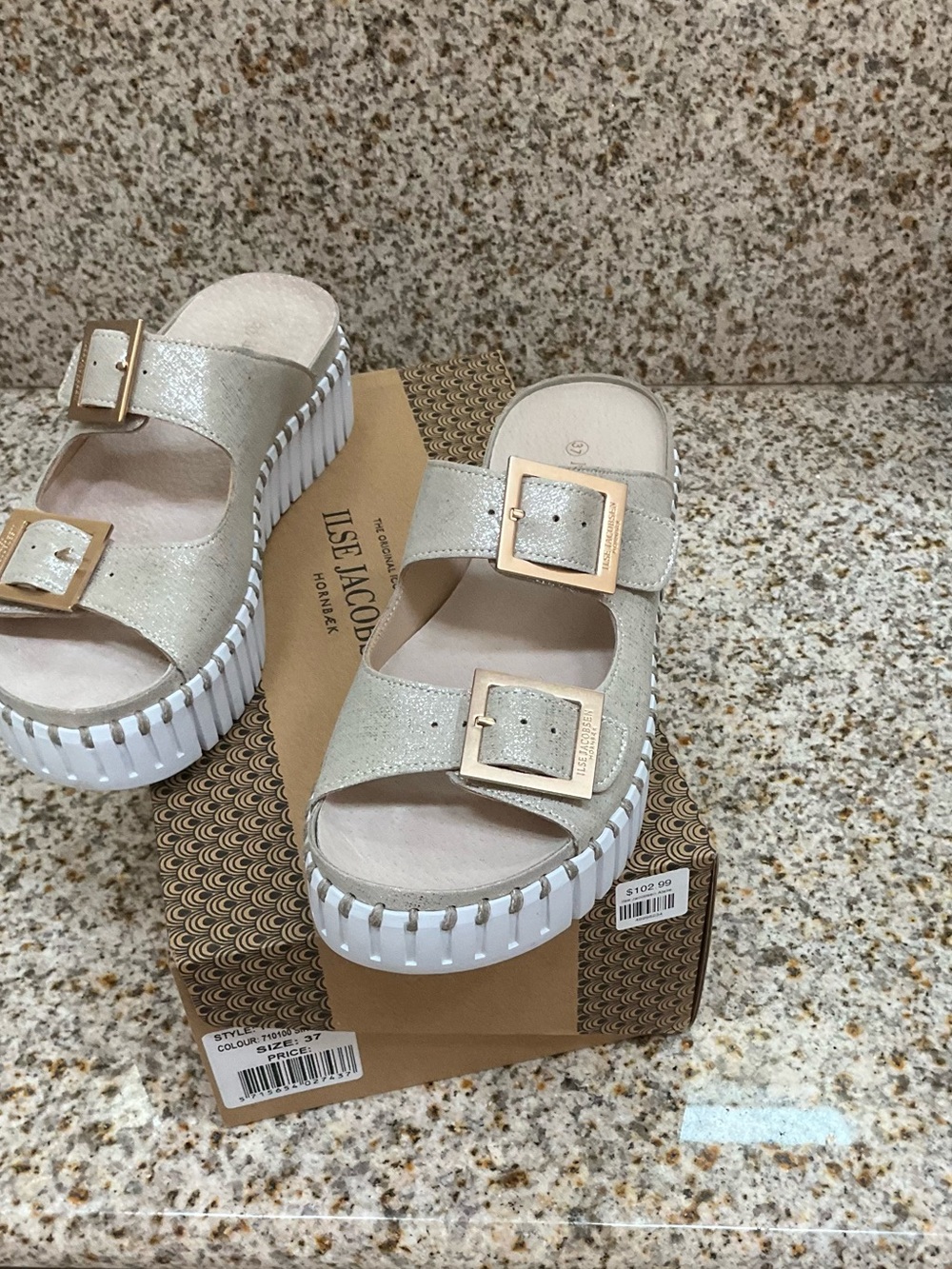Ilse Jacobsen Champagne Metallic Double Buckle Platform Slides